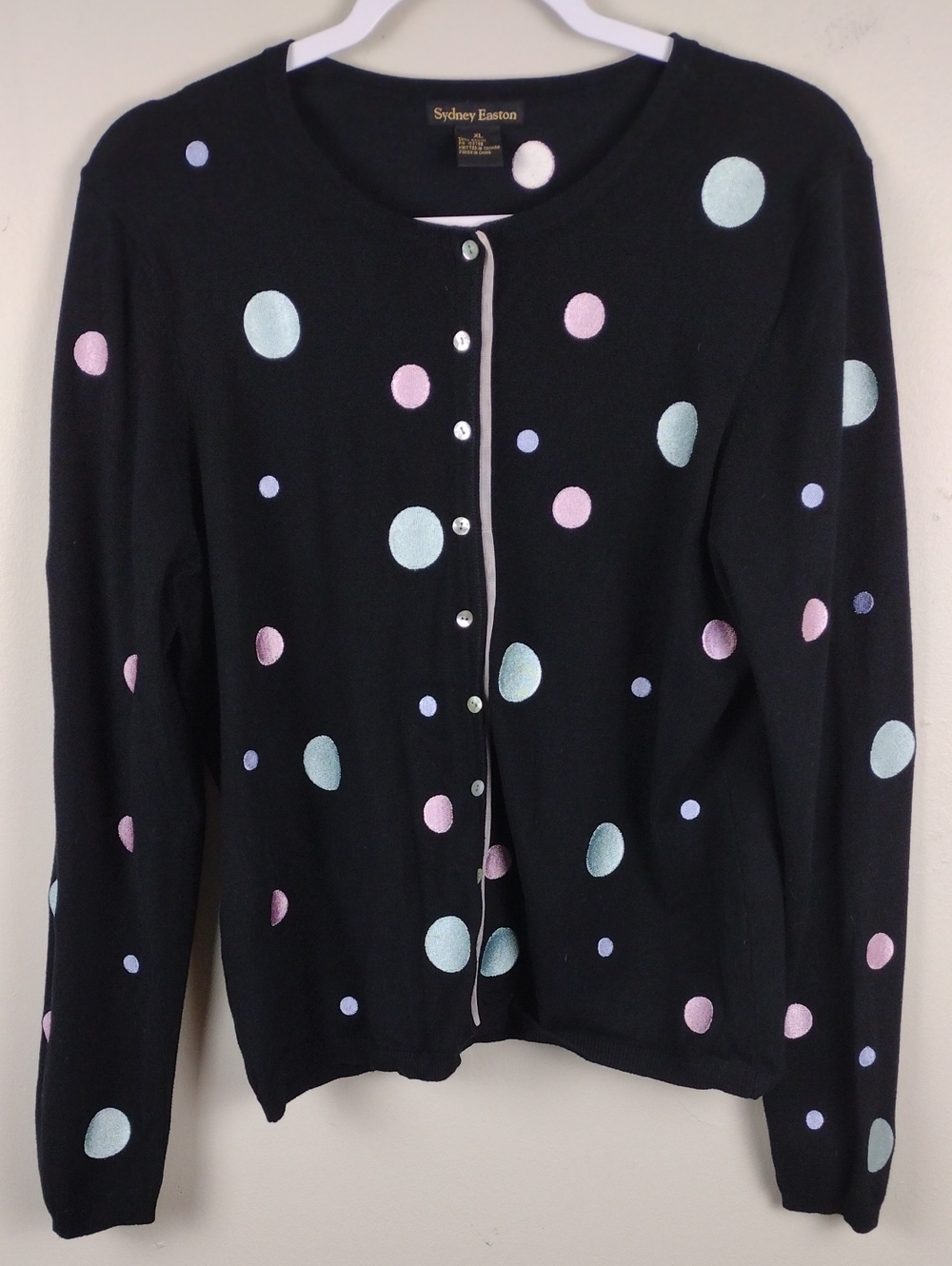 Sydney Easton Vintage Black Pastel Polka Dot Button Front Knit Cardigan Sweater